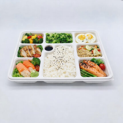 9-Compartment-Biodegradable-Corn-Starch-Food-Tray-with-Clear-PS-Lid