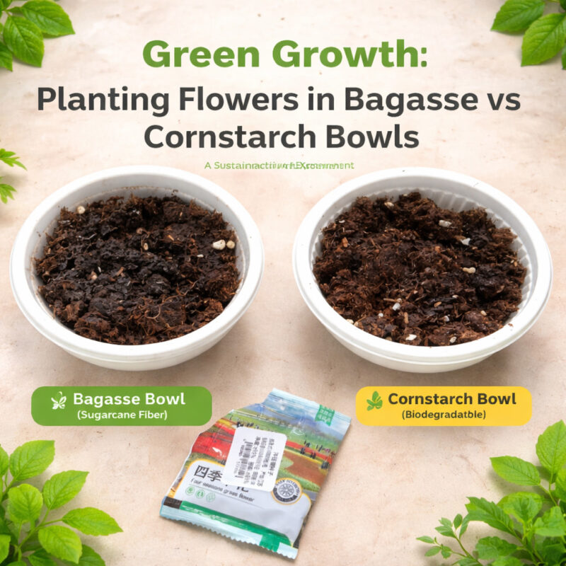Planting flowers in Bagasse and Cornstarch bowls, a comparison of eco-friendly materials.