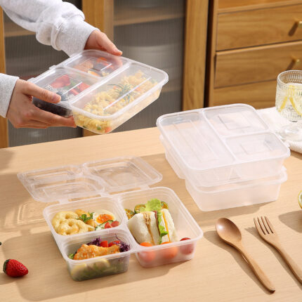 Wholesale 3 compartment clamshell lunch box with hinged flat and raised lid options in clear PP 5
