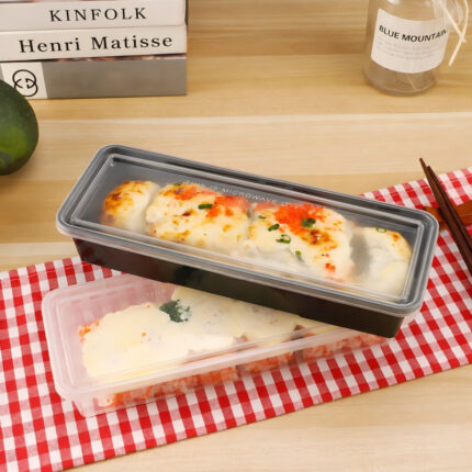 Wholesale Japanese style sushi trays with lids in 1, 2, and 3 compartments in clear, white, and black colors