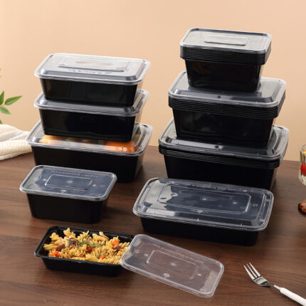 Wholesale rectangular deli containers with snap lids in transparent and black options.