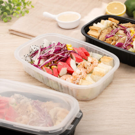Wholesale rectangular oval takeaway container with matching lids in clear and black frost design